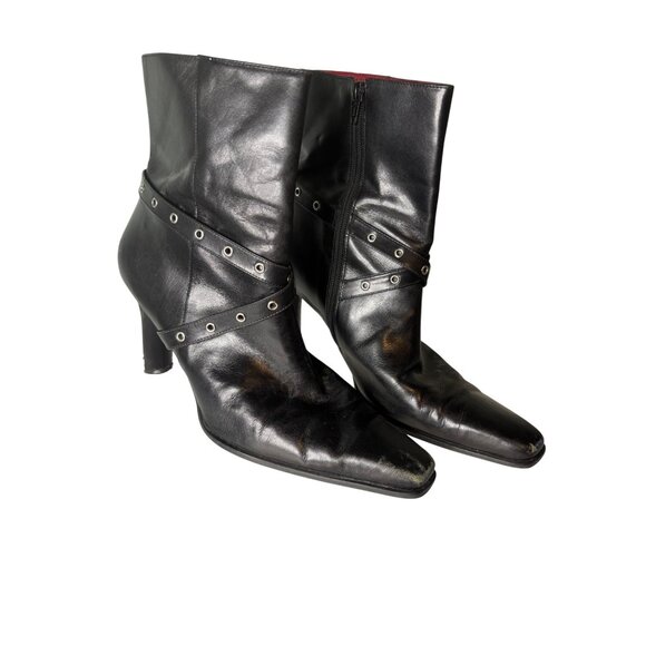 Gianni Bini Heeled Ankle Boots Black Sz 10 Square Toe Silver Grommet Strap - Picture 1 of 11